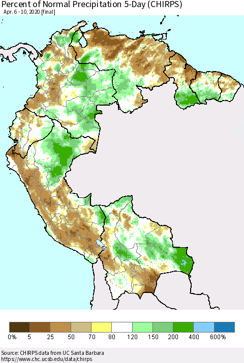 Northern South America Percent of Normal Precipitation 5-Day (CHIRPS) Thematic Map For 4/6/2020 - 4/10/2020
