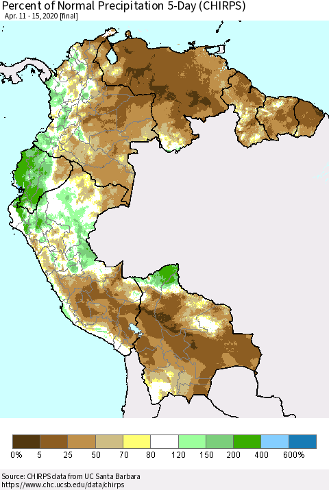Northern South America Percent of Normal Precipitation 5-Day (CHIRPS) Thematic Map For 4/11/2020 - 4/15/2020
