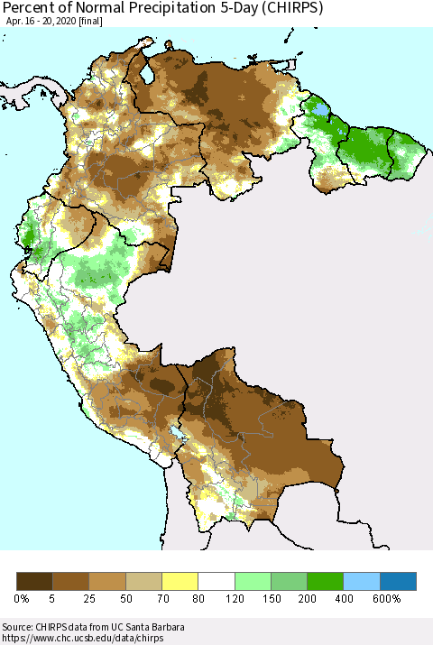 Northern South America Percent of Normal Precipitation 5-Day (CHIRPS) Thematic Map For 4/16/2020 - 4/20/2020