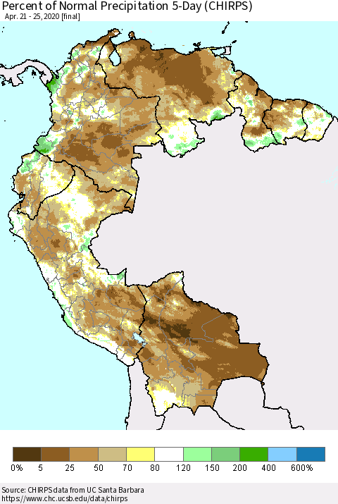 Northern South America Percent of Normal Precipitation 5-Day (CHIRPS) Thematic Map For 4/21/2020 - 4/25/2020