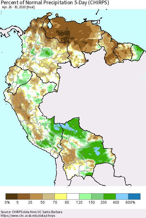 Northern South America Percent of Normal Precipitation 5-Day (CHIRPS) Thematic Map For 4/26/2020 - 4/30/2020