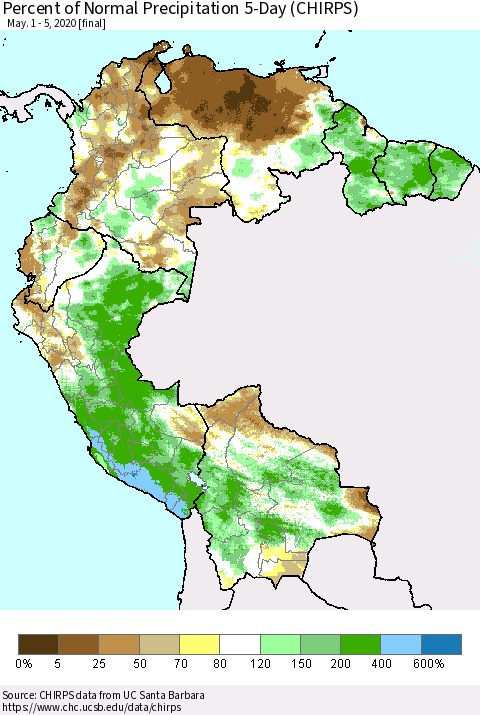 Northern South America Percent of Normal Precipitation 5-Day (CHIRPS) Thematic Map For 5/1/2020 - 5/5/2020