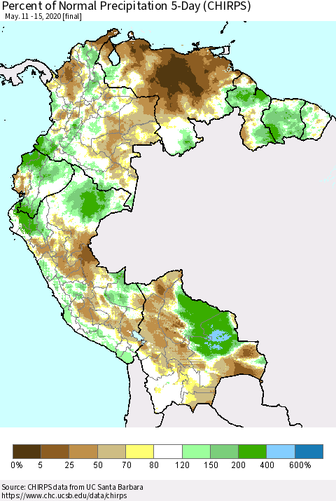 Northern South America Percent of Normal Precipitation 5-Day (CHIRPS) Thematic Map For 5/11/2020 - 5/15/2020