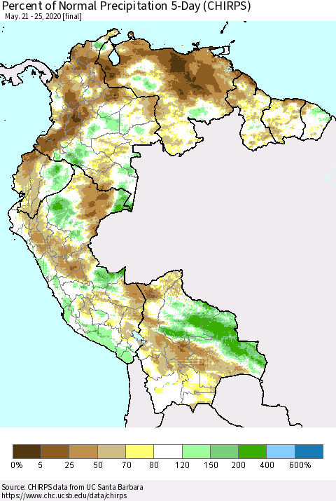 Northern South America Percent of Normal Precipitation 5-Day (CHIRPS) Thematic Map For 5/21/2020 - 5/25/2020