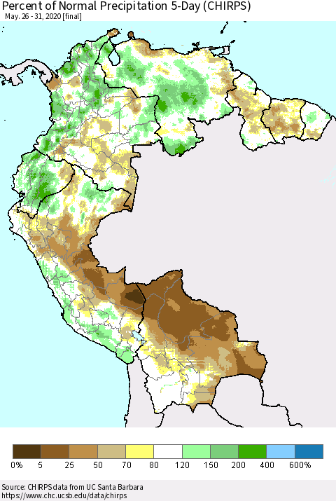 Northern South America Percent of Normal Precipitation 5-Day (CHIRPS) Thematic Map For 5/26/2020 - 5/31/2020