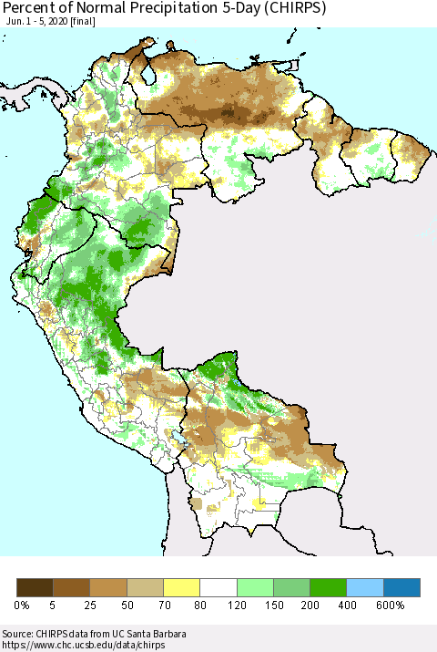 Northern South America Percent of Normal Precipitation 5-Day (CHIRPS) Thematic Map For 6/1/2020 - 6/5/2020