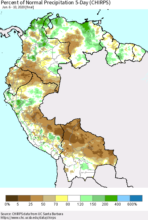 Northern South America Percent of Normal Precipitation 5-Day (CHIRPS) Thematic Map For 6/6/2020 - 6/10/2020