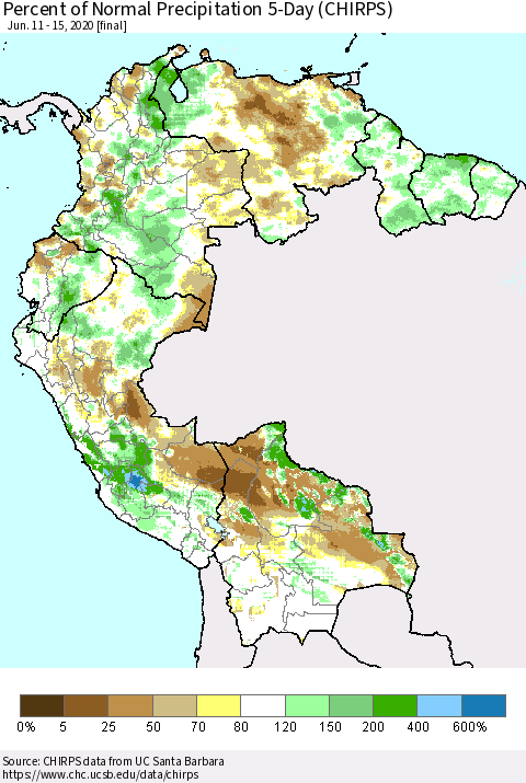 Northern South America Percent of Normal Precipitation 5-Day (CHIRPS) Thematic Map For 6/11/2020 - 6/15/2020