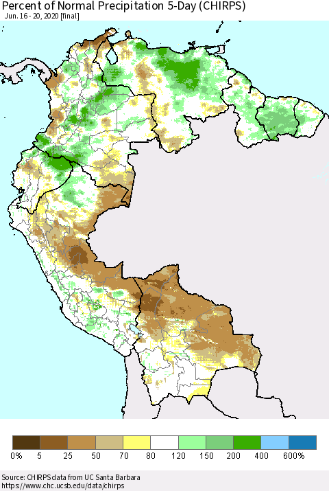 Northern South America Percent of Normal Precipitation 5-Day (CHIRPS) Thematic Map For 6/16/2020 - 6/20/2020