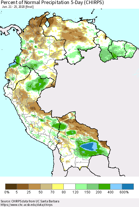 Northern South America Percent of Normal Precipitation 5-Day (CHIRPS) Thematic Map For 6/21/2020 - 6/25/2020