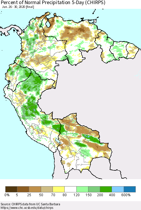 Northern South America Percent of Normal Precipitation 5-Day (CHIRPS) Thematic Map For 6/26/2020 - 6/30/2020