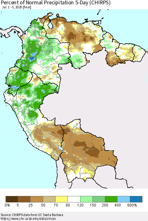 Northern South America Percent of Normal Precipitation 5-Day (CHIRPS) Thematic Map For 7/1/2020 - 7/5/2020