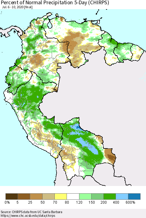 Northern South America Percent of Normal Precipitation 5-Day (CHIRPS) Thematic Map For 7/6/2020 - 7/10/2020
