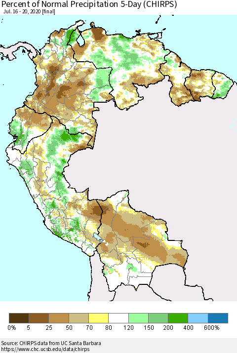 Northern South America Percent of Normal Precipitation 5-Day (CHIRPS) Thematic Map For 7/16/2020 - 7/20/2020