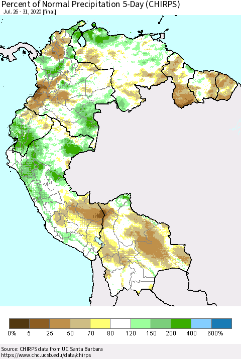 Northern South America Percent of Normal Precipitation 5-Day (CHIRPS) Thematic Map For 7/26/2020 - 7/31/2020