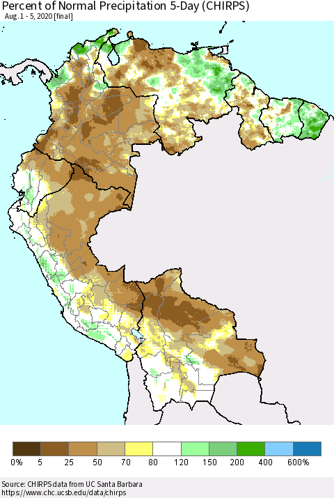 Northern South America Percent of Normal Precipitation 5-Day (CHIRPS) Thematic Map For 8/1/2020 - 8/5/2020