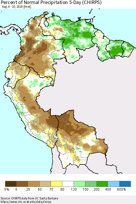 Northern South America Percent of Normal Precipitation 5-Day (CHIRPS) Thematic Map For 8/6/2020 - 8/10/2020