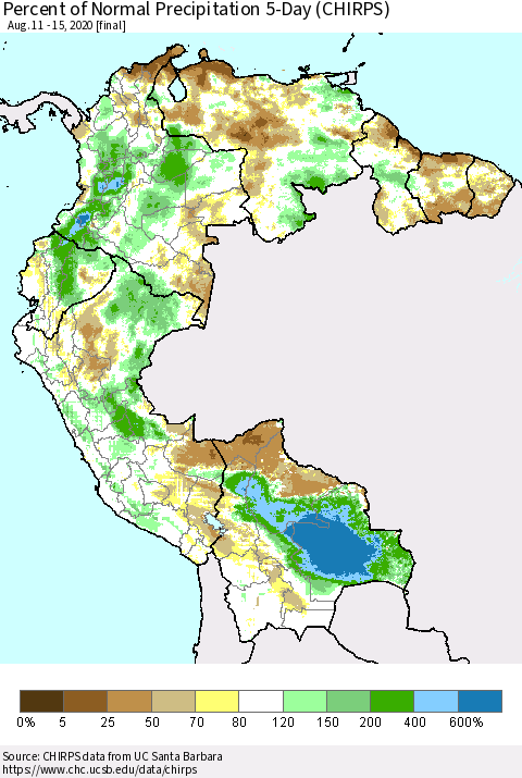 Northern South America Percent of Normal Precipitation 5-Day (CHIRPS) Thematic Map For 8/11/2020 - 8/15/2020