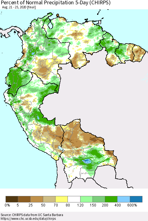 Northern South America Percent of Normal Precipitation 5-Day (CHIRPS) Thematic Map For 8/21/2020 - 8/25/2020
