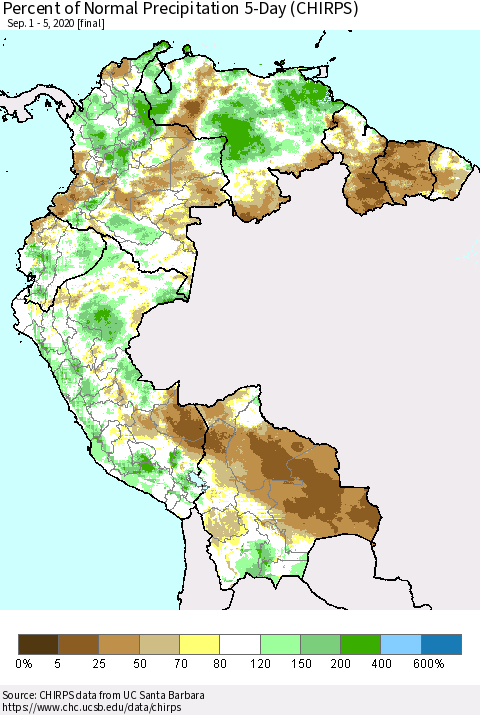 Northern South America Percent of Normal Precipitation 5-Day (CHIRPS) Thematic Map For 9/1/2020 - 9/5/2020
