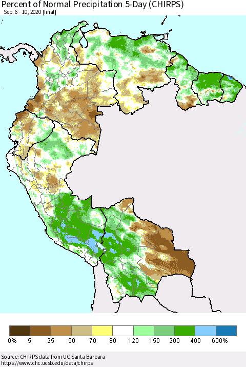 Northern South America Percent of Normal Precipitation 5-Day (CHIRPS) Thematic Map For 9/6/2020 - 9/10/2020