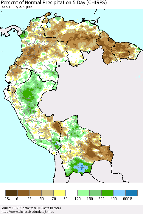 Northern South America Percent of Normal Precipitation 5-Day (CHIRPS) Thematic Map For 9/11/2020 - 9/15/2020
