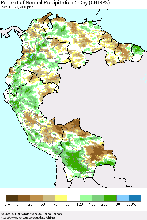 Northern South America Percent of Normal Precipitation 5-Day (CHIRPS) Thematic Map For 9/16/2020 - 9/20/2020