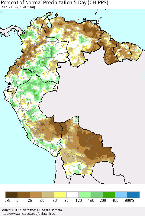 Northern South America Percent of Normal Precipitation 5-Day (CHIRPS) Thematic Map For 9/21/2020 - 9/25/2020