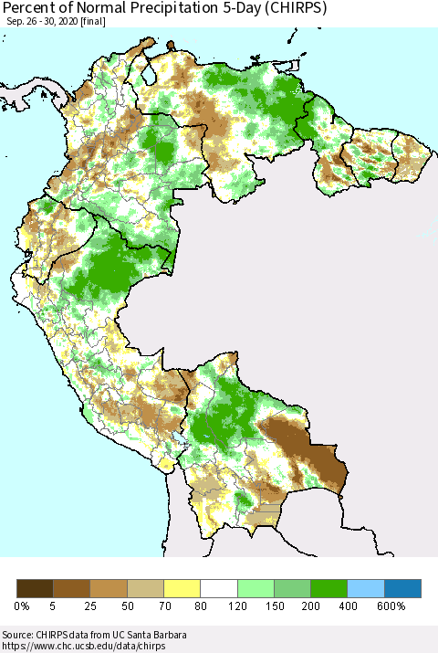 Northern South America Percent of Normal Precipitation 5-Day (CHIRPS) Thematic Map For 9/26/2020 - 9/30/2020