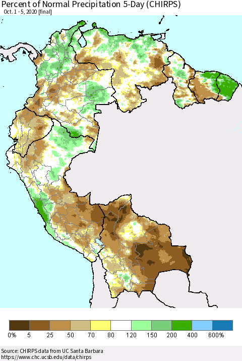 Northern South America Percent of Normal Precipitation 5-Day (CHIRPS) Thematic Map For 10/1/2020 - 10/5/2020