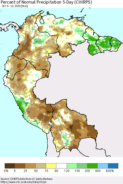 Northern South America Percent of Normal Precipitation 5-Day (CHIRPS) Thematic Map For 10/6/2020 - 10/10/2020