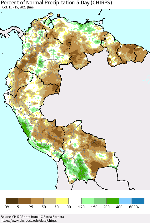 Northern South America Percent of Normal Precipitation 5-Day (CHIRPS) Thematic Map For 10/11/2020 - 10/15/2020
