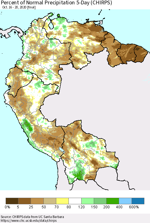 Northern South America Percent of Normal Precipitation 5-Day (CHIRPS) Thematic Map For 10/16/2020 - 10/20/2020