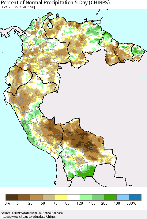 Northern South America Percent of Normal Precipitation 5-Day (CHIRPS) Thematic Map For 10/21/2020 - 10/25/2020