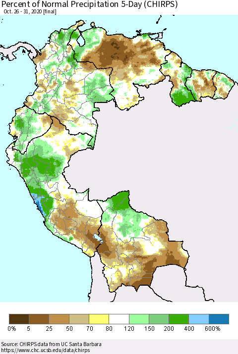 Northern South America Percent of Normal Precipitation 5-Day (CHIRPS) Thematic Map For 10/26/2020 - 10/31/2020