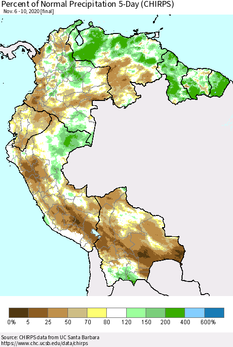 Northern South America Percent of Normal Precipitation 5-Day (CHIRPS) Thematic Map For 11/6/2020 - 11/10/2020