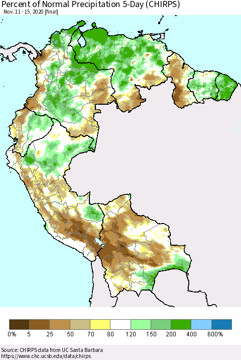 Northern South America Percent of Normal Precipitation 5-Day (CHIRPS) Thematic Map For 11/11/2020 - 11/15/2020
