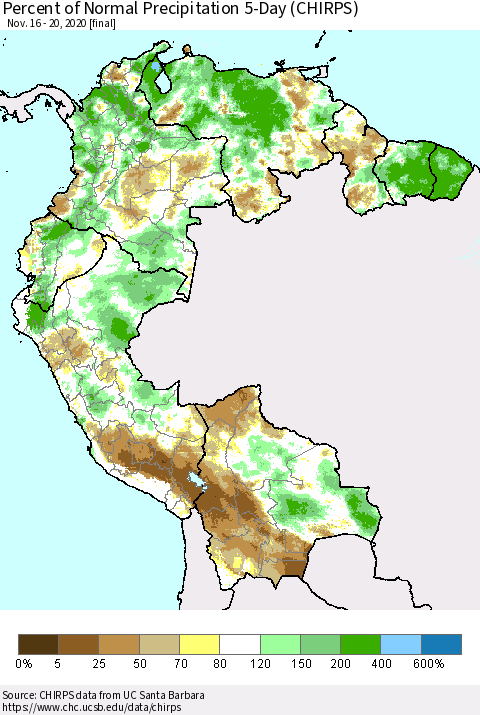 Northern South America Percent of Normal Precipitation 5-Day (CHIRPS) Thematic Map For 11/16/2020 - 11/20/2020