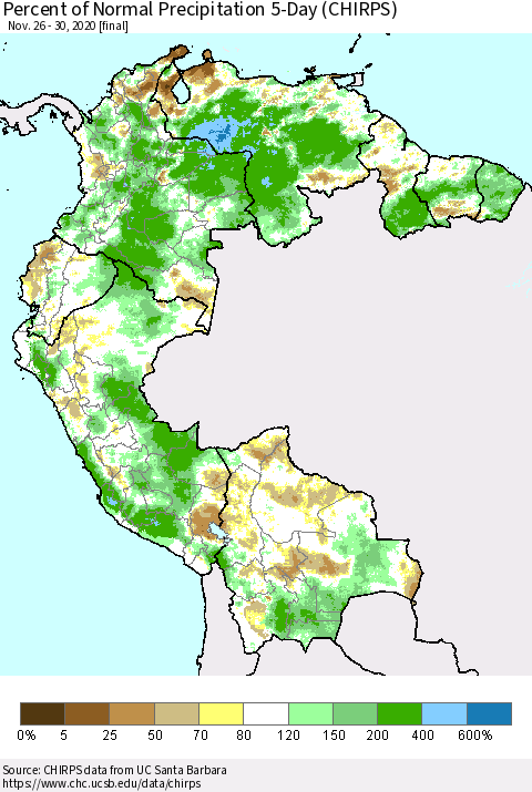 Northern South America Percent of Normal Precipitation 5-Day (CHIRPS) Thematic Map For 11/26/2020 - 11/30/2020