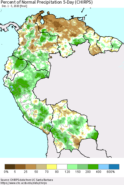 Northern South America Percent of Normal Precipitation 5-Day (CHIRPS) Thematic Map For 12/1/2020 - 12/5/2020