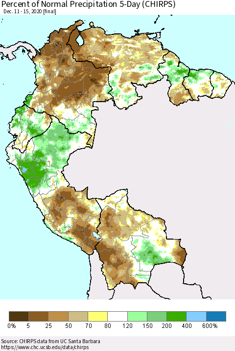 Northern South America Percent of Normal Precipitation 5-Day (CHIRPS) Thematic Map For 12/11/2020 - 12/15/2020