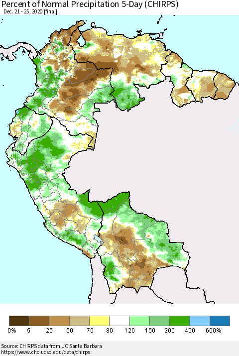 Northern South America Percent of Normal Precipitation 5-Day (CHIRPS) Thematic Map For 12/21/2020 - 12/25/2020