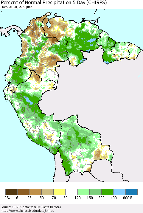 Northern South America Percent of Normal Precipitation 5-Day (CHIRPS) Thematic Map For 12/26/2020 - 12/31/2020