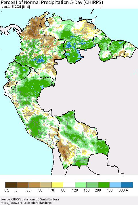 Northern South America Percent of Normal Precipitation 5-Day (CHIRPS) Thematic Map For 1/1/2021 - 1/5/2021