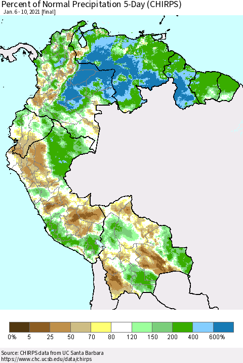 Northern South America Percent of Normal Precipitation 5-Day (CHIRPS) Thematic Map For 1/6/2021 - 1/10/2021