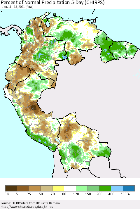 Northern South America Percent of Normal Precipitation 5-Day (CHIRPS) Thematic Map For 1/11/2021 - 1/15/2021