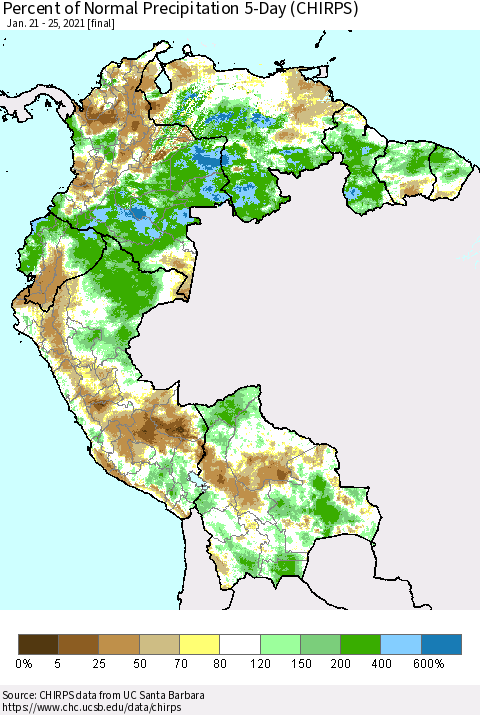 Northern South America Percent of Normal Precipitation 5-Day (CHIRPS) Thematic Map For 1/21/2021 - 1/25/2021