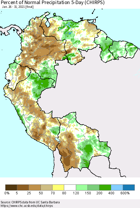 Northern South America Percent of Normal Precipitation 5-Day (CHIRPS) Thematic Map For 1/26/2021 - 1/31/2021