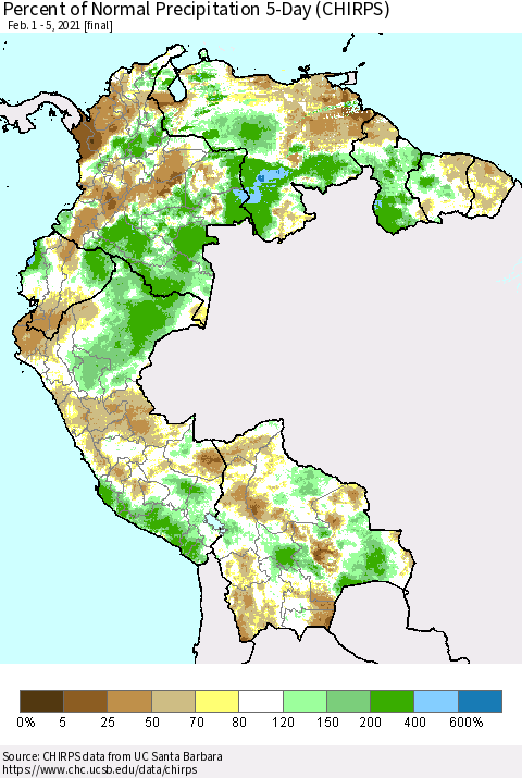 Northern South America Percent of Normal Precipitation 5-Day (CHIRPS) Thematic Map For 2/1/2021 - 2/5/2021