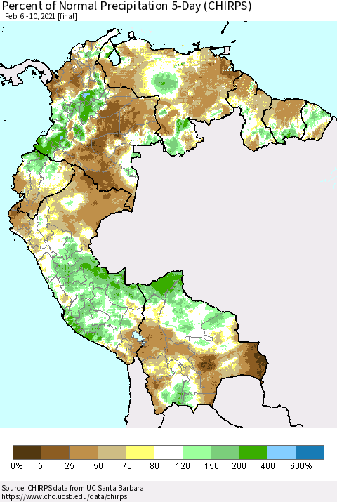 Northern South America Percent of Normal Precipitation 5-Day (CHIRPS) Thematic Map For 2/6/2021 - 2/10/2021